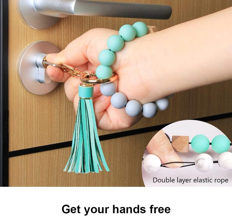 UpUDo Keychain Bracelet Wristlet, Silicone Beaded Key Ring Bracelet with Card Wallet, Elastic Keyring Bangle for Womens - Image 4